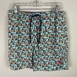 Tommy Bahama Teal Orange Navy Swordfish Print Swim trunks Large